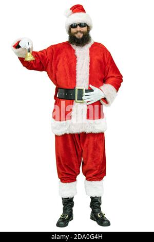 Santa araba con campanello nero per la barba. Babbo Natale sta suonando campana su sfondo bianco. Natale in arrivo Foto Stock