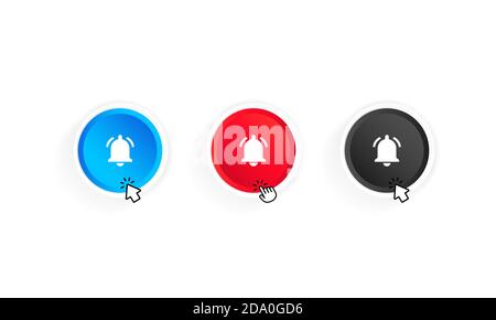 Pulsante di notifica della campana e set di icone del cursore. Pulsante di sottoscrizione al canale. Blog. Streaming. Progettazione dell'interfaccia utente. Social network. Vettore su bianco isolato Illustrazione Vettoriale