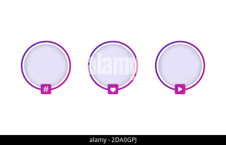 Set di frame avatar dei social media. Storia bordo viola. Live, hashtag. Segnale di streaming video. Vettore su sfondo bianco isolato. EPS 10 Illustrazione Vettoriale