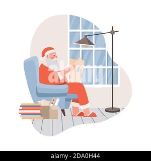 Babbo Natale seduto in poltrona e lettura giornale vettore flat illustrazione. Babbo Natale che riposa prima della vigilia di Natale o dopo le vacanze di Capodanno. Felice anno nuovo e buon Natale carattere. Illustrazione Vettoriale