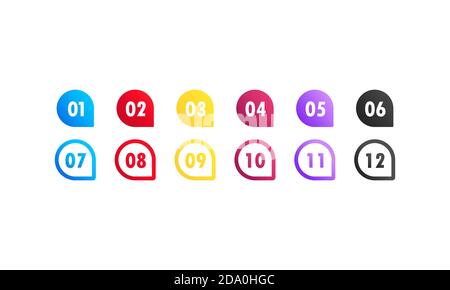 Freccia vettoriale punto elenco punti marcatori 3d sfumati colorati con numero da 1 a 12. Vettore su sfondo bianco isolato. EPS 10 Illustrazione Vettoriale