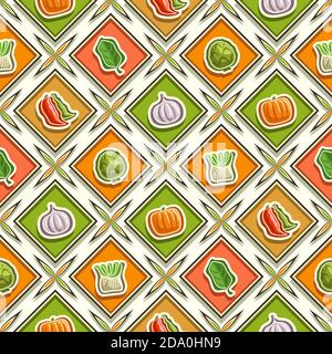 Vector Vegetable Seamless Pattern, sfondo quadrato ripetuto, illustrazioni isolate di verdure estive su sfondo bianco, diamante senza cuciture pat Illustrazione Vettoriale