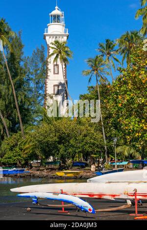 Faro di Venus Point (noto anche come Pointe Venus), isola di Tahiti, Polinesia francese, Tahiti Nui, Isole della Società, Polinesia francese, Pacifico meridionale. Foto Stock