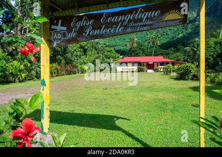 Pentecoste Chiesa evangelica a Moorea, Polinesia Francese, Isole della Società, Sud Pacifico. Foto Stock