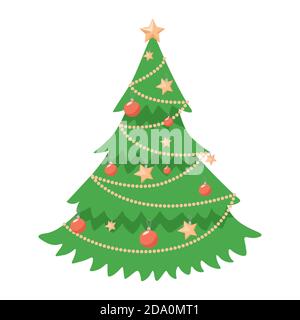 Decorato albero di Natale vettore piatto illustrazione isolato su sfondo bianco. Verde e bellissimo abete con ghirlande, perline, stelle e palle. Felice anno nuovo e buon Natale elemento di design. Illustrazione Vettoriale