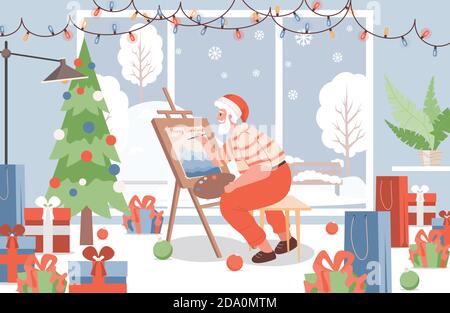 Illustrazione piatta del vettore di pittura di Babbo Natale. Il personaggio di Babbo Natale sta disegnando Felice anno nuovo e buon biglietto d'auguri di Natale. Design degli interni di Capodanno, albero di Natale decorato e regali. Illustrazione Vettoriale