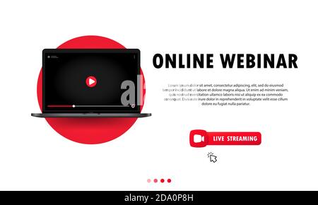 Guardare il webinar online sull'illustrazione del notebook. Lezione online, lezione, seminario, formazione, corso. Vettore su sfondo isolato. EPS 10 Illustrazione Vettoriale