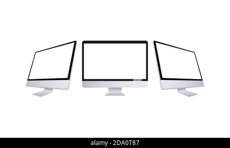 Monitor per computer realistico in vista frontale e laterale. Desktop mockup in metallo con schermo bianco. Modello di computer in colore argento. Vista diversa di Illustrazione Vettoriale