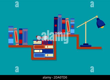 Set di librerie con pile di libri, bicchieri, lampada da tavolo su sfondo blu. Concetto di formazione o libreria. Immagine piatta vettoriale. Illustrazione Vettoriale