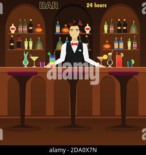 Bar, pub interno piatto illustrazione vettoriale con bicchieri, bottiglie, cocktail e vino. Uomo barman al bar con sognatori di alcol. Illustrazione Vettoriale