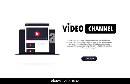 Illustrazione del canale video. Guardare vlog, webinar, conferenze, lezioni o corsi di formazione online su un computer portatile. Vettore su sfondo bianco isolato. EPS 10 Illustrazione Vettoriale