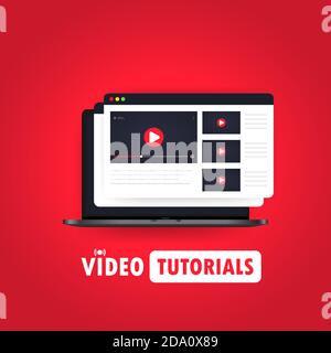 Illustrazione delle esercitazioni video. Guardare video in streaming, webinar, corsi di formazione online su notebook. Vettore su sfondo isolato. EPS 10 Illustrazione Vettoriale