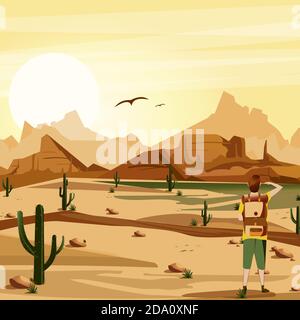 Paesaggio sfondo deserto con viaggiatore, cactus, montagne e uccelli illustrazione vettoriale. Illustrazione Vettoriale