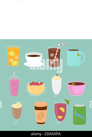 Illustrazione vettoriale Set di bevande in stile cartoon piano. Tazza di tè, cioccolata calda, latte, caffè, frullato, succo di frutta, frullato di latte, limonata. Illustrazione Vettoriale
