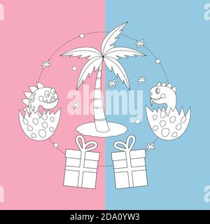 Delineare graziosi dinosauri in uovo con regali vicino palma su sfondo rosa e blu. Concetto di bambino. Illustrazione di cartoni animati vettoriali. Illustrazione Vettoriale