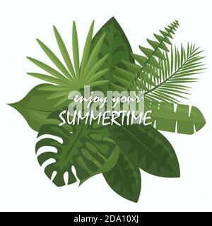 Vettore illustrazione bouquet di foglie verdi tropicali di palma, foglie di giungla, filodendro su sfondo bianco in stile piatto cartoon. Illustrazione Vettoriale