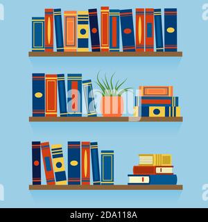 Set libreria con libri, isolato su sfondo blu. Istruzione o libreria Concept.Vector illustrazione piatta. Illustrazione Vettoriale