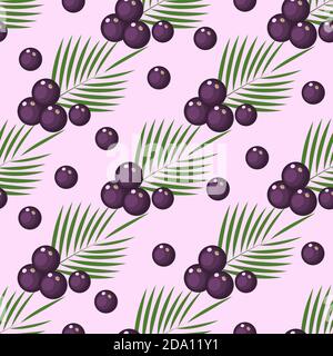 Modello senza cuciture con bacche di acai superfood, rami e foglie. Cibo sano e biologico. Immagine piatta vettoriale. Illustrazione Vettoriale