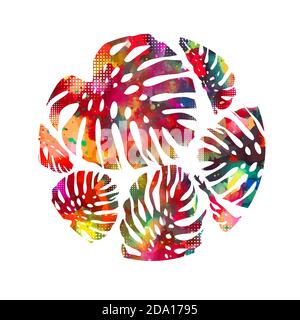 astratto foglie colorate di palma vettoriali. Monstera lascia. Logo. Stampa T-shirt. Ciao estate. Supporti misti. Illustrazione vettoriale Illustrazione Vettoriale