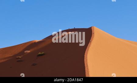 Persone che salgono su una gigantesca duna di sabbia a forma di vento in Erg Chebbi vicino a Merzouga, Marocco, Africa in una giornata di sole con cielo blu. Foto Stock