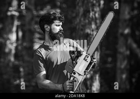 Taglialegno con motosega su segheria. Lumi da lavoro. Uomo che fa lavoro di mans. Cesoia per legno con ascia o motosega nella foresta estiva. Registrazione non valida Foto Stock