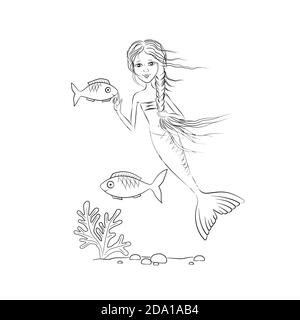 Mermaid ragazza e due pesci vettore illustrazione. Pagina da colorare per bambini Illustrazione Vettoriale