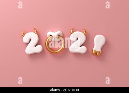 2021 con numeri bianchi come corni toro, Hoof e anello naso su sfondo rosa. Concetto di Capodanno cinese dell'Ox. Foto Stock