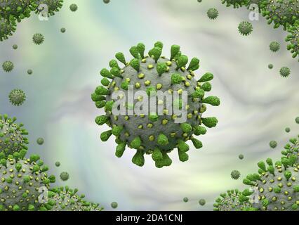 Green corona o influenza closeup virus animazione 3d rendering Foto Stock