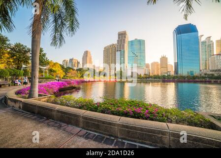 Pista da running di Nizza nel parco cittadino. Splendida vista del parco Benjakiti all'alba. Bella scena mattutina del Parco pubblico a Bangkok, Thailandia, Asia. Foto Stock