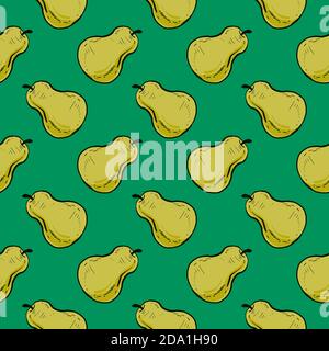 Pera verde , motivo senza cuciture su sfondo verde brillante. Illustrazione Vettoriale