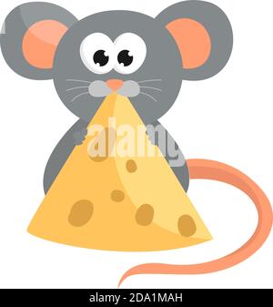 Poco mouse mangiare formaggio, illustrazione, vettore su sfondo bianco Illustrazione Vettoriale