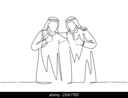 Un disegno di linea singola di giovane uomo d'affari musulmano felice che dà i pollici sui gesti con il collega. Arabia Saudita panno shmag, kandora, foulard, thobe Illustrazione Vettoriale