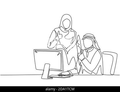 Un disegno a linea continua di giovani impiegati musulmani maschi e femmine dà i pollici sui gesti. Arabo medio est tessuto shmagh, kandura, sciabola, accappatoio. Illustrazione Vettoriale