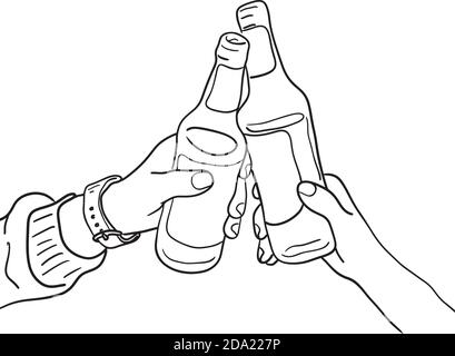 mano di due persone che tostano bottiglia di birra vettore illustrazione schizzo doodle mano disegnata con linee nere isolate su bianco sfondo Illustrazione Vettoriale