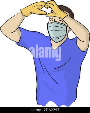 giovane uomo in maschera medica e guanti mostra un cuore simbolo con le mani vettore illustrazione schizzo doodle mano disegnata isolato su sfondo bianco Illustrazione Vettoriale