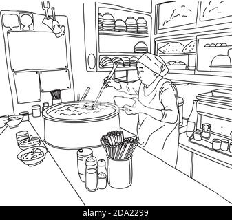 Vecchia chef femminile che prepara noodle ramen in un ristorante giapponese illustrazione vettoriale schizzo doodle mano disegnata con linee nere isolate su sfondo bianco Illustrazione Vettoriale