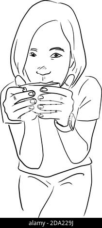 donna che beve caffè caldo vettore illustrazione schizzo doodle mano disegnata isolato su sfondo bianco Illustrazione Vettoriale