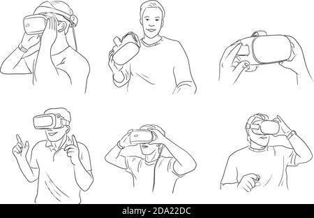 set di occhiali da uomo con realtà virtuale digitale illustrazione vettoriale schizzo doodle mano disegnata isolata su sfondo bianco Illustrazione Vettoriale