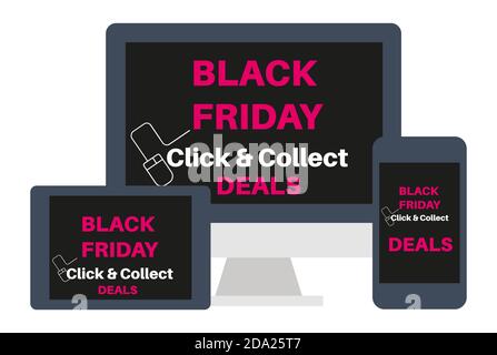 Offerte del Black Friday fare clic e raccogliere il collegamento di shopping su Internet dispositivi desktop e mobili Illustrazione Vettoriale