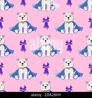 Sfondo rosa senza cuciture con un cane colorato e bello. Con un bel mantello che si sfugnava. Campana blu con prua. Illustrazione vettoriale Illustrazione Vettoriale