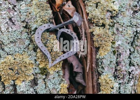 cuore forgiato e chiodo, amore san valentino grunge concetto, Foto Stock