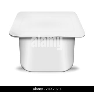 Vasetto bianco in plastica per yogurt con coperchio a strappo, mockup realistico. Tazza quadrata di yogurt, modello vettoriale Illustrazione Vettoriale