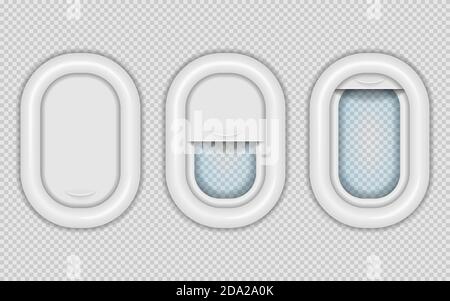 Portholes realistici dell'aeroplano. Tre oggetti vettoriali isolati. Finestra chiusa, aperta e chiusa per metà. Illustrazione Vettoriale