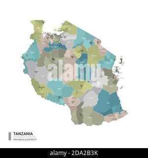 Tanzania higt mappa dettagliata con suddivisioni. Mappa amministrativa della Tanzania con il nome di distretti e città, colorata per stati e dist amministrativo Illustrazione Vettoriale