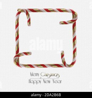 Design natalizio per un mock-up su sfondo bianco. Cornice 3D realistica fatta di canna da zucchero Xmas rosso dorato su sfondo bianco. Texte sur Merry Christmas Happy Foto Stock
