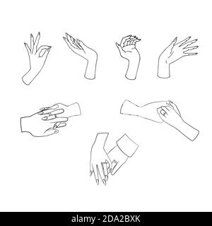 Elegante set di clipart con lancette disegnate a mano. Coppia che tiene le mani con gli anelli di nozze. Isolato su sfondo bianco. Vettore stock Illustrazione Vettoriale