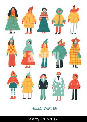 Ciao poster invernale con le donne in abiti eleganti. Illustrazione Vettoriale