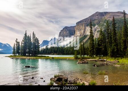 Spirit Island, il Lago Maligne, Jasper National Park, Alberta, Canada Foto Stock
