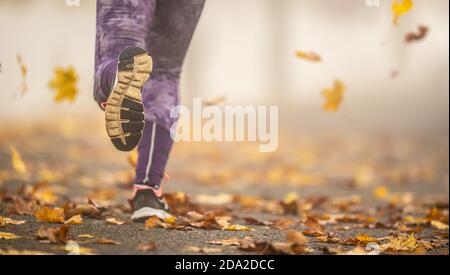 Vista ravvicinata delle gambe e delle scarpe femminili che corrono nella natura autunnale. Foto Stock