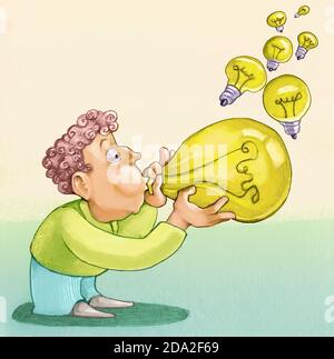 genio creativo al workc man soffia per gonfiare balloni che diventa lampadine che simboleggiano le idee Foto Stock